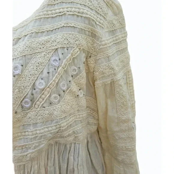 Embroidered Embellished Hippie BOHO Kimono Tie Front Prairie Shrug Cream Medium - Picture 12 of 13